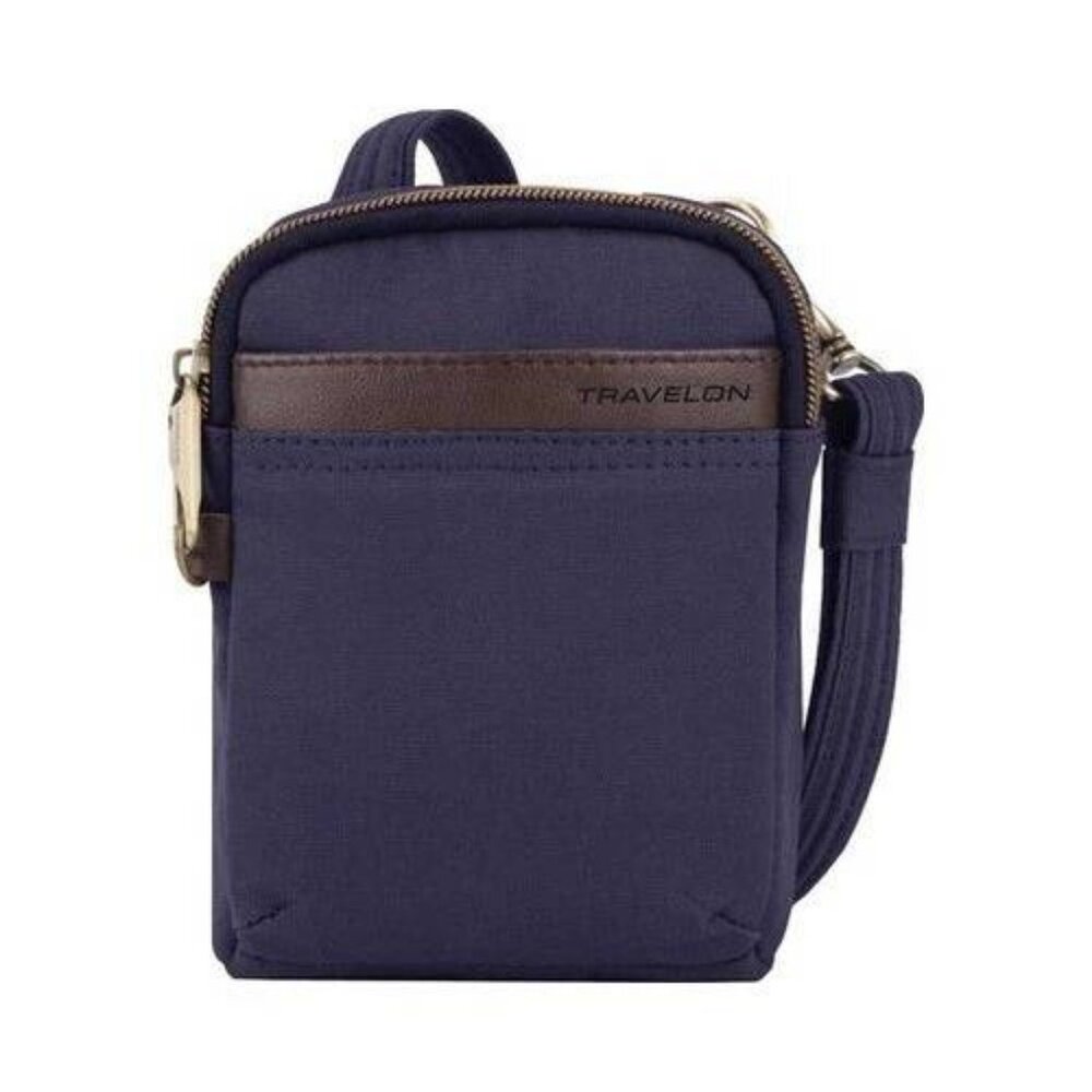 Travelon Small Navy Blue Crossbody Travel Bag with Brown Trim